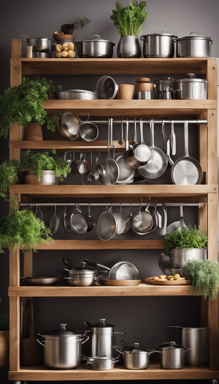 A rustic kitchen trolley with wooden shelves and metal accents stands in the center of a cozy kitchen, surrounded by hanging pots and pans, fresh herbs, and cooking utensils