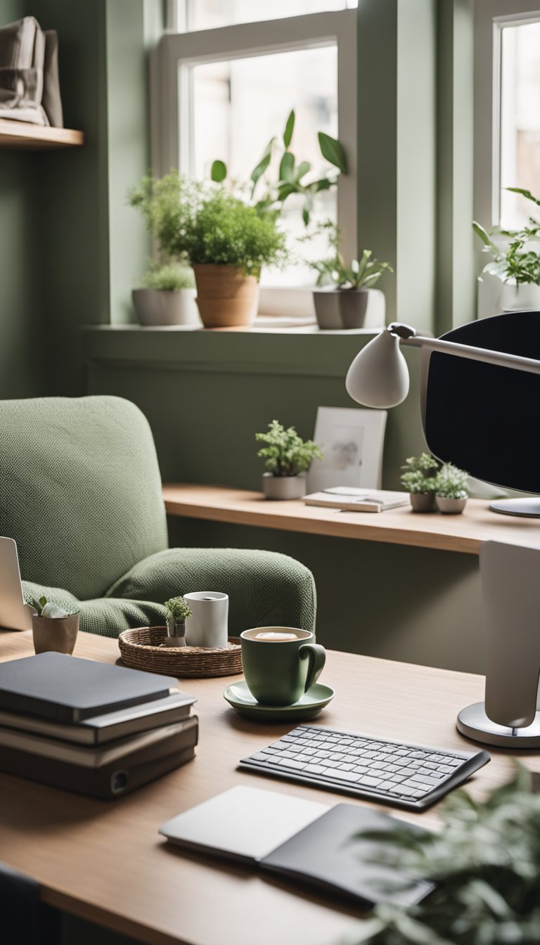 A cozy home office with a neutral color palette, featuring sage green walls, a comfortable desk, and natural light streaming in through large windows